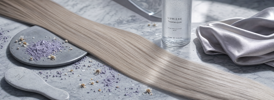 Smooth cool-toned blonde hair being straightened without brassiness or frizz