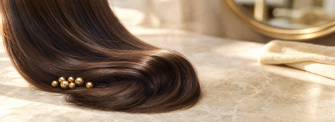 Glossy straight hair beside formaldehyde-free smoothing and hair care products