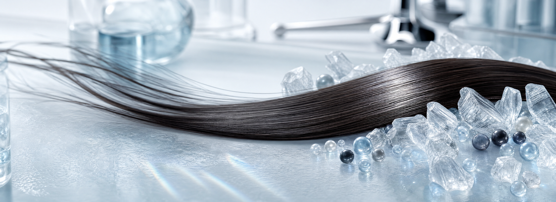 Glossy straight frizz-free hair beside formaldehyde-free hair straightening products