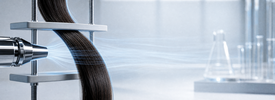 Glossy straight hair beside hair-smoothing products and a flat iron