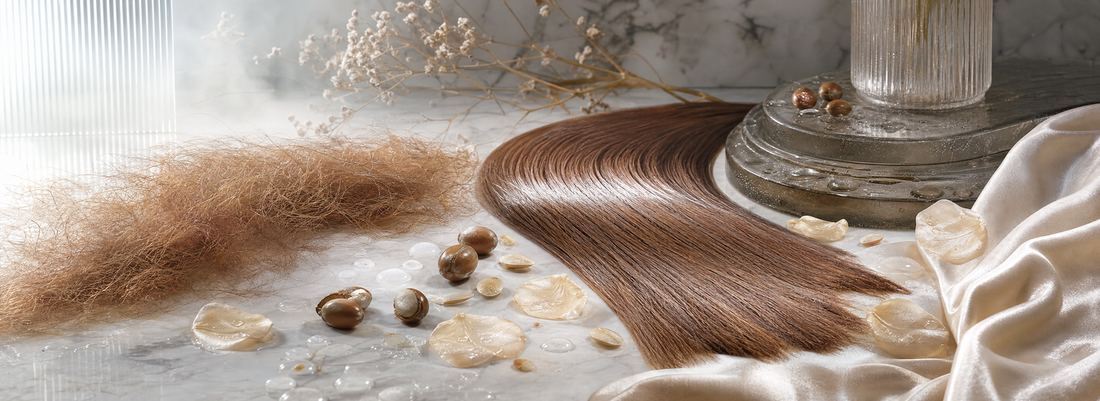 Smooth frizz-free hair after formaldehyde-free straightening treatment and flat iron styling