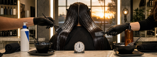 Open hair gloss containers, a tint brush, comb, round brush, and polished hair swatches arranged on a salon workstation